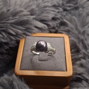 Genuine Black Saltwater Pearl 925 Sterling Silver and CZ Diamond Ring